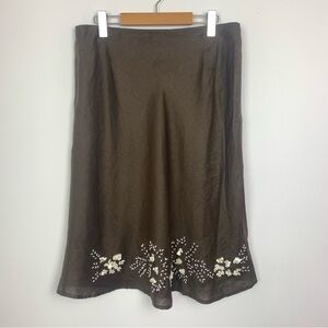 Anne Carson Brown Linen A-Line Skirt Embroidered